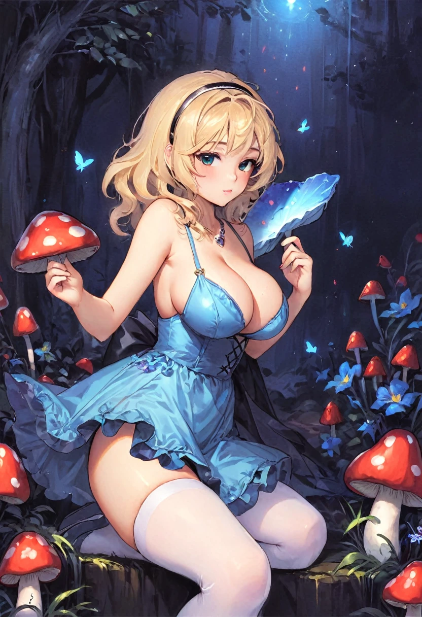 a beautiful 20 year old blonde woman with big messy hair in a blue dress, white stockings, black headband, cleavage, holding a glowing mushroom, fantasy art style, rossdraws cartoon vibrant, alice x. zhang, alice in wonderland cyberpunk, cute detailed digital art, colorfull digital fantasy art, digital fantasy art ), glossy digital painting, rossdraws pastel vibrant, rossdraws 2. 5, rossdraws 1. 0