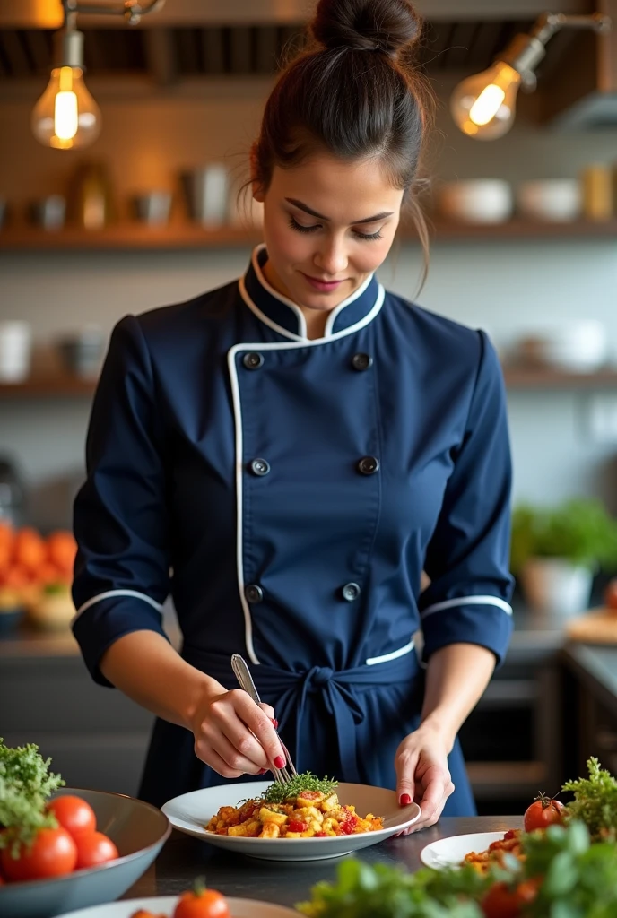 Navy blue women's chef's uniform with white details