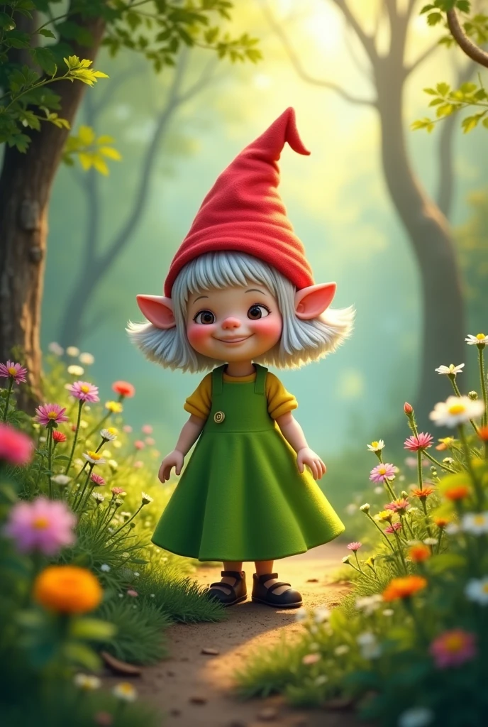 Female gnome in green dress, short white hair, with a red cone-shaped hat and a little chubby 