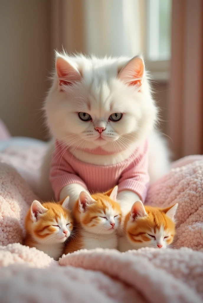 The white realistic mother cat wearing pink t-shirt and trousers and apreal and standing on bedroom bedroom, door.She gently shakes the kittens while smiling, saying "Time to get up."The kittens orange and white are beginning to stir, still sleepy. Pictures look like original and not blurred and 4k results.