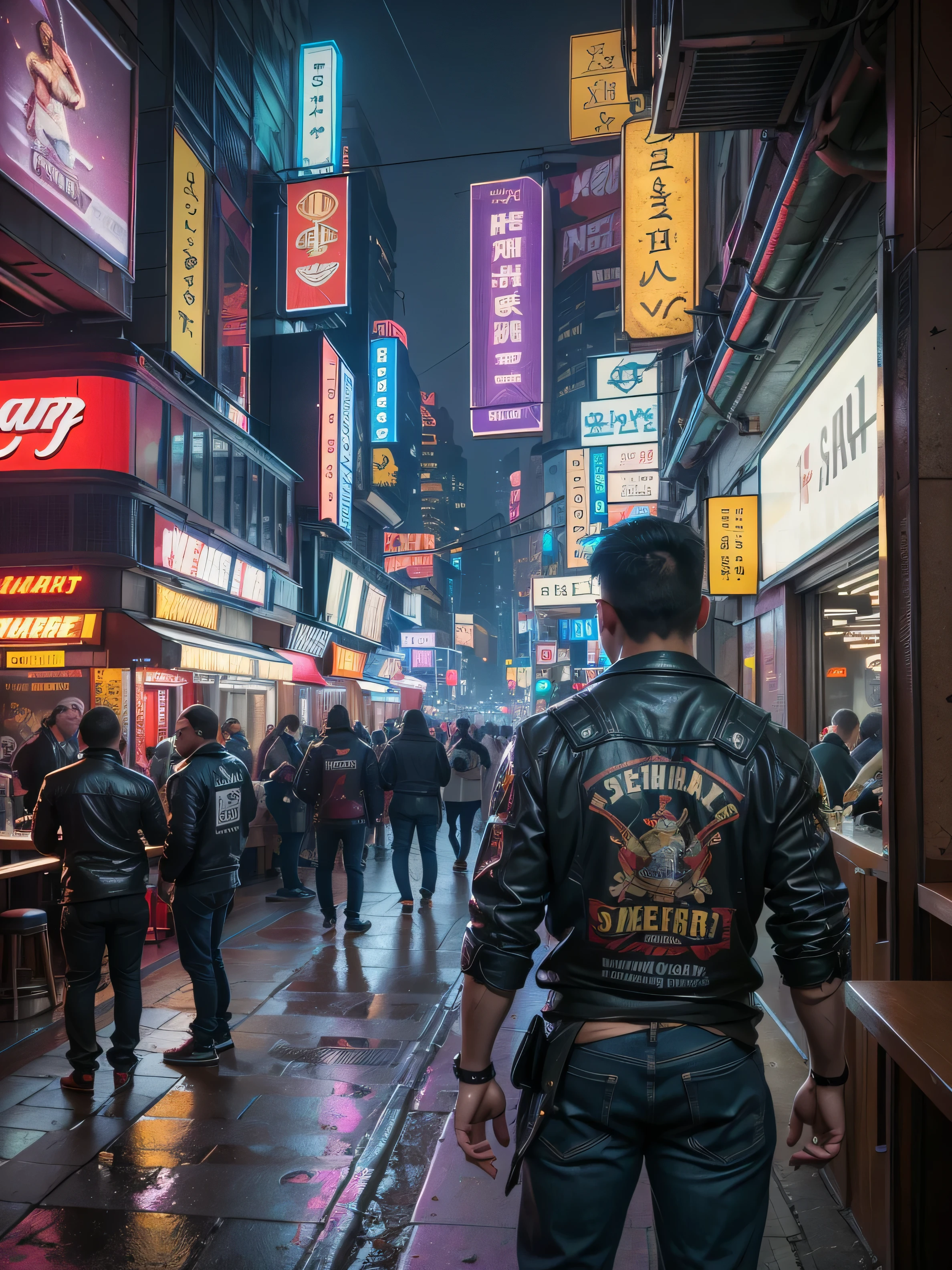 (((Masterpiece))),high resolution,realistic details,sharp focus, hyper-realistic photo of 2 samurais at a bar,(((2 guys at a bar))),(samurai outfit),Fisheye 5 mm lens taken from behind, cyberpunk scene, cyberpunk vibe, New York city in the year of 2527. Super futuristic bar, sharp details,anatomically correct bodies, depth in vision,(depth in vision 1.3), illuminated by vibrant neon lights and holograms. Capture the scene from a street-level perspective during a dark and rainy night. The atmosphere should convey a bustling yet ominous mood, highlighting the contrast between the dystopian environment and advanced technology.(Very detailed: 1.3),4k, back shot