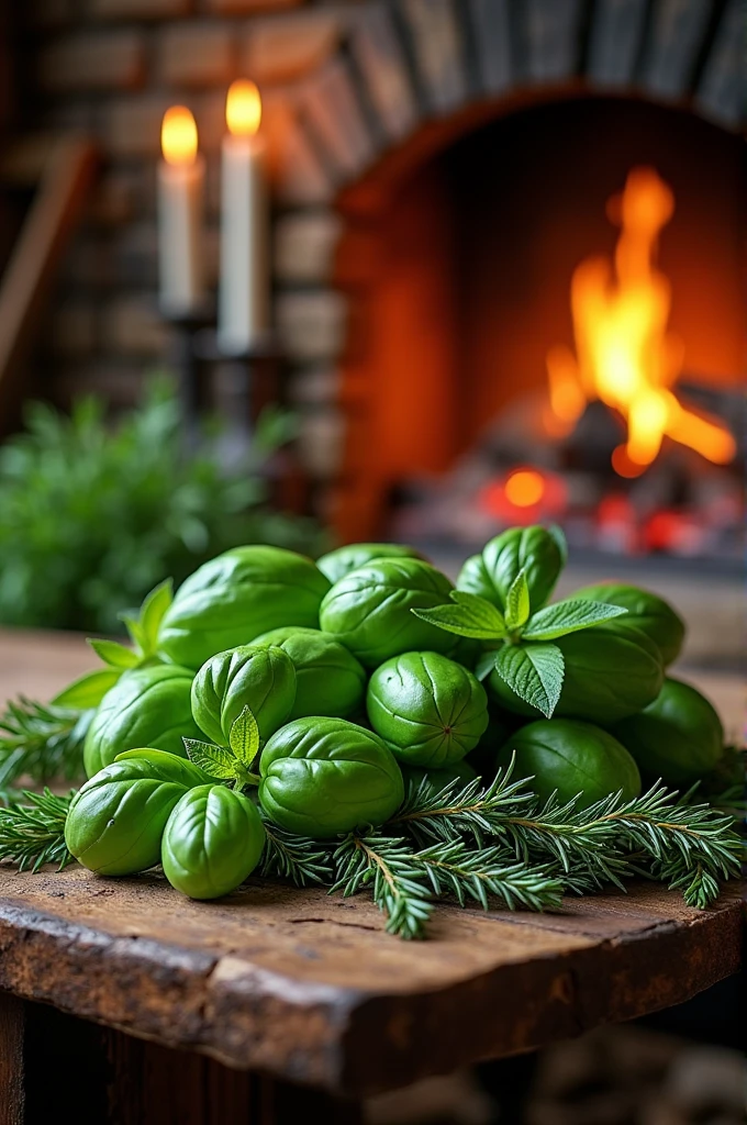 Lots of herbs on a table with fire in the background