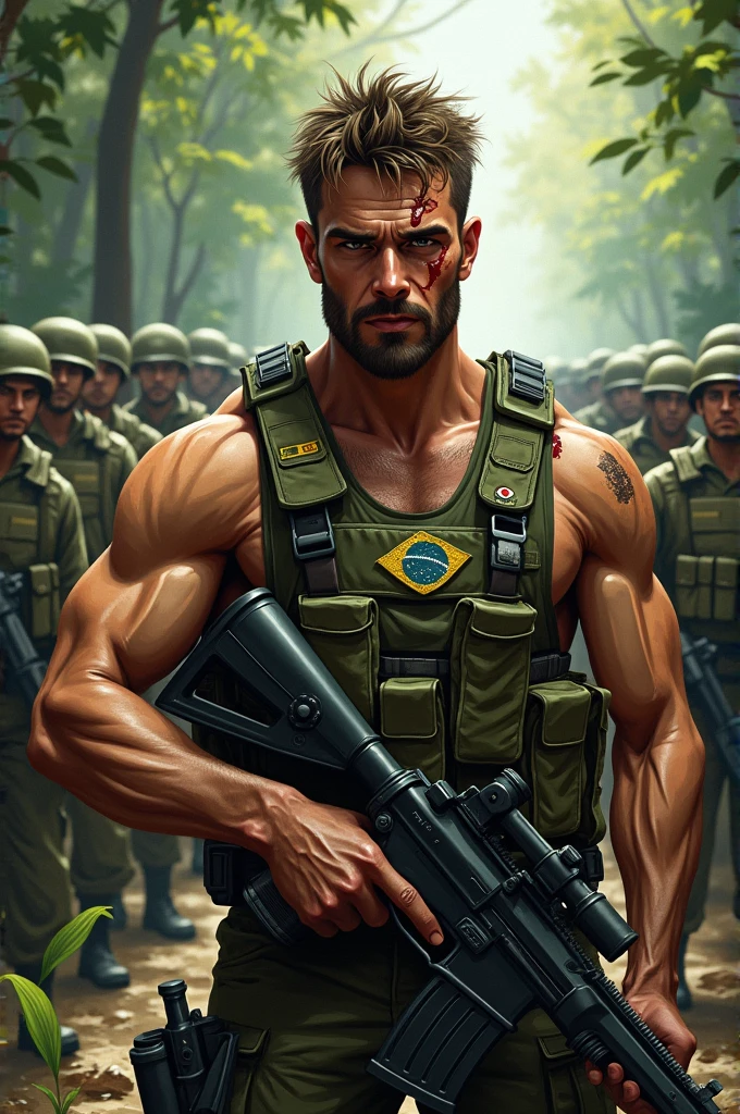 Illustrate a light brown man, all dirty with dust and all cut up, from the Brazilian army commando battalion, with a large, strong and wide physique, He has short hair, with a tired but aggressive look, holding a large machine gun .50 with a big cut on his face. He is fully equipped and wearing the uniform of the Brazilian army and a heavy vest.. In the background leading an entire battalion of Brazilian soldiers