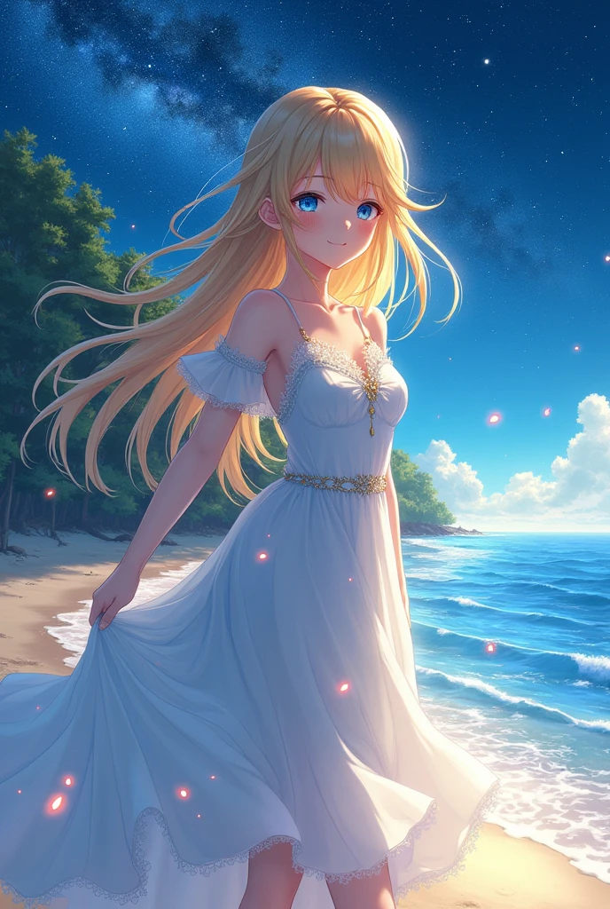 (masterpiece、Highest quality、8k、High resolution)、(Anime Girl)、Best Style、(The most beautiful face)、Clear skin、Clean blue eyes、Beautiful lips、Beautiful nose、Blonde Hair、Walking on the sand、Ocean、You can see the forest、A bright night with stars visible、Beautiful starry sky、milky way、(Mysterious light particles emitting from the body、Very mysterious light)、jewelry、necklace、dress、(whole body)、Highly detailed anime art、A complete portrayal、Professional photographer、Professional Lighting、