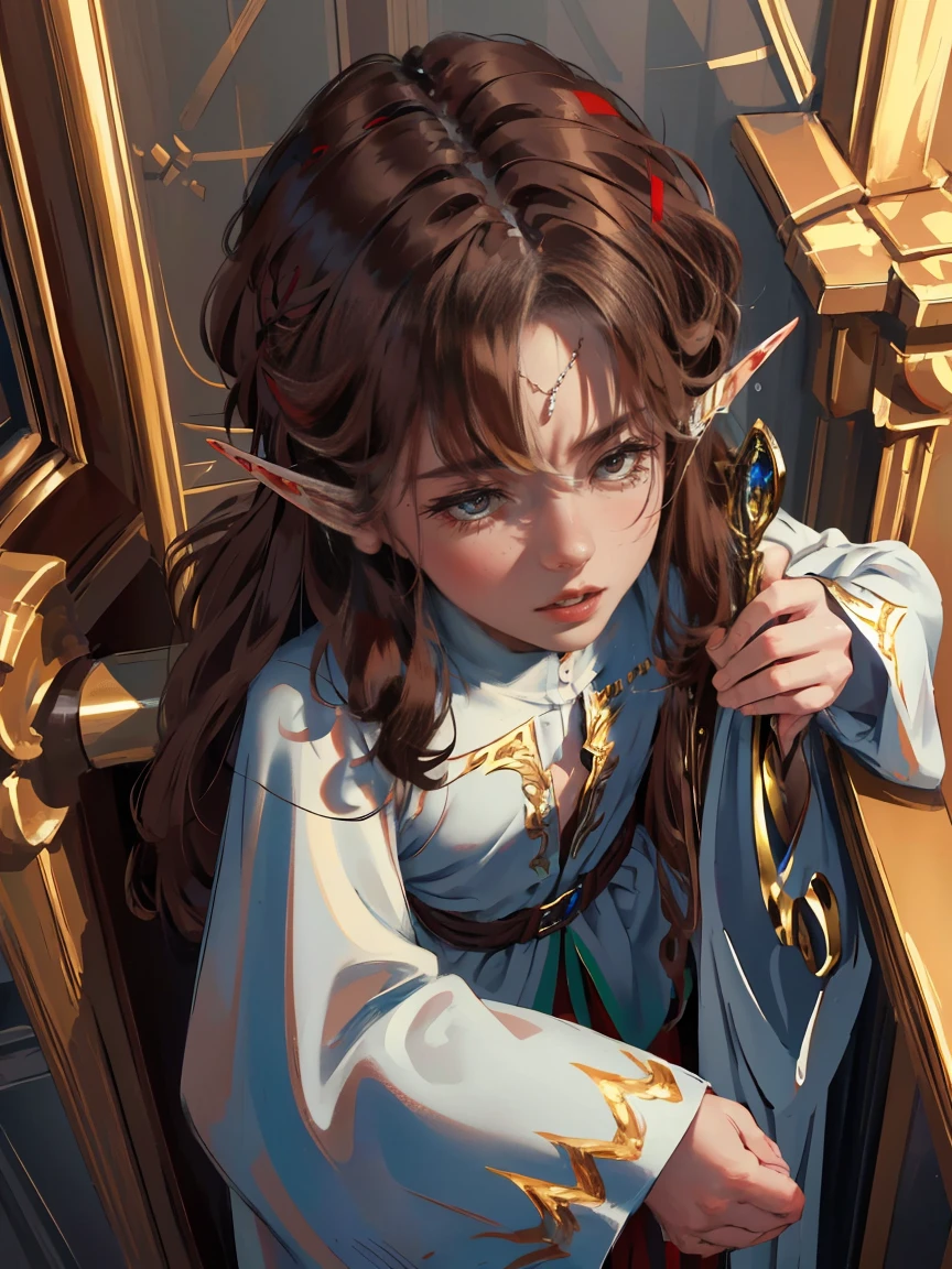 dark brown eyes, gloss lips, front look, close up, portrait, beautiful eyes, wearing a male white suit, big white, curly hair cut, clear skin, young five year old boy, solo, very long hair, ankle length hair, handsome older WOMAN，Hyperresolution，accuracy，Detailed rendering,（Image of fine hair）（topquality）（Masterpieces of masters）（High degree of completeness）（A sense of atmosphere）tmasterpiece，Super detailed and super detailed（((half-body portrait)))(((Elf male child))))((((Elf male ???)))(((Dark brown hair with red)))