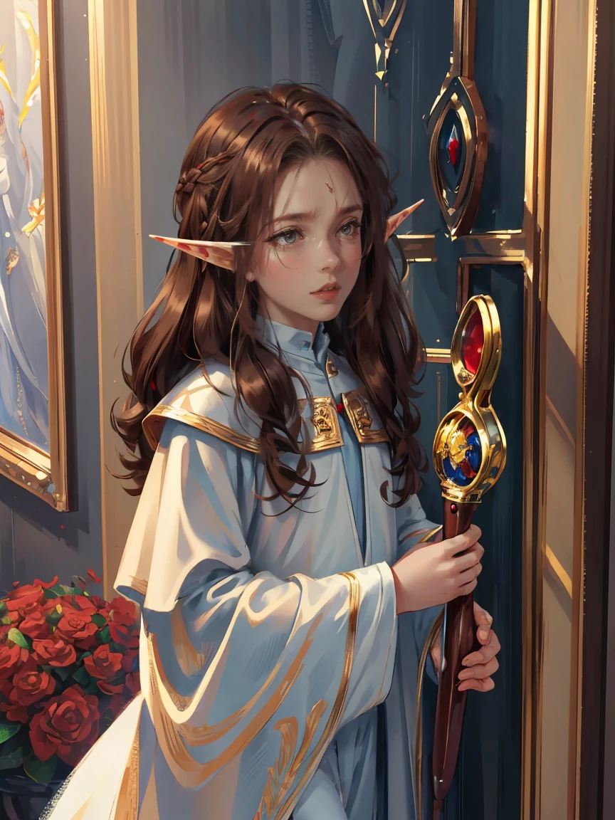 dark brown eyes, gloss lips, front look, close up, portrait, beautiful eyes, wearing a male white suit, big white, curly hair cut, clear skin, young five year old boy, solo, very long hair, ankle length hair, handsome older WOMAN，Hyperresolution，accuracy，Detailed rendering,（Image of fine hair）（topquality）（Masterpieces of masters）（High degree of completeness）（A sense of atmosphere）tmasterpiece，Super detailed and super detailed（((half-body portrait)))(((Elf male child))))((((Elf male ???)))(((Dark brown hair with red)))