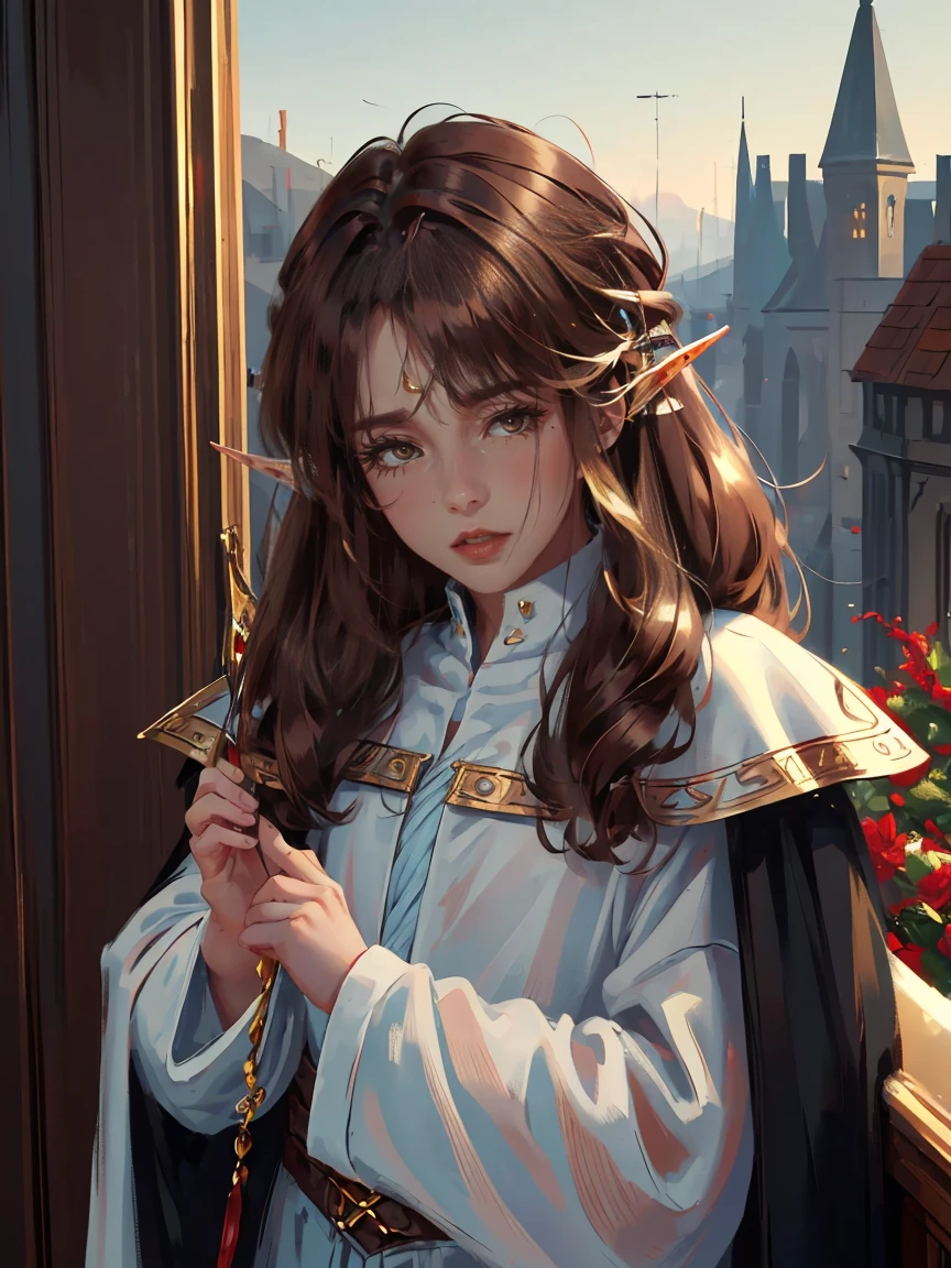 dark brown eyes, gloss lips, front look, close up, portrait, beautiful eyes, wearing a male white suit, big white, curly hair cut, clear skin, young five year old boy, solo, very long hair, ankle length hair, handsome older WOMAN，Hyperresolution，accuracy，Detailed rendering,（Image of fine hair）（topquality）（Masterpieces of masters）（High degree of completeness）（A sense of atmosphere）tmasterpiece，Super detailed and super detailed（((half-body portrait)))(((Elf male child))))((((Elf male ???)))(((Dark brown hair with red)))