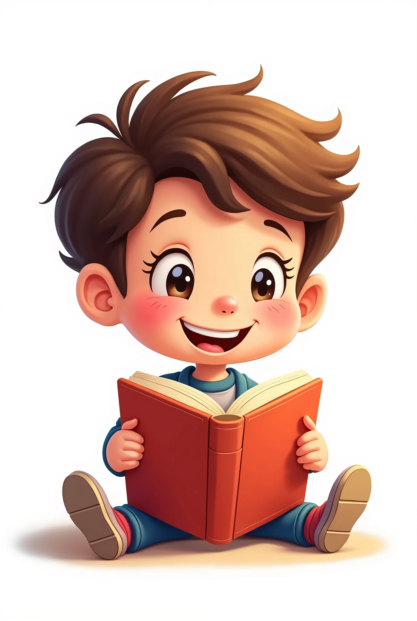 Create a cartoon-style image of a happy child student reading a book. The child should have their hands visible, with perfect hands showing exactly five fingers on each hand. The background should be completely white, with no other details. The child should be looking at the book with a focused expression. The image must be sharp and in focus, not blurry. EasyNegative, (worst quality, low quality:1.4), (((deformed))), distortions in the hands, face, and other parts, more than 1 character
