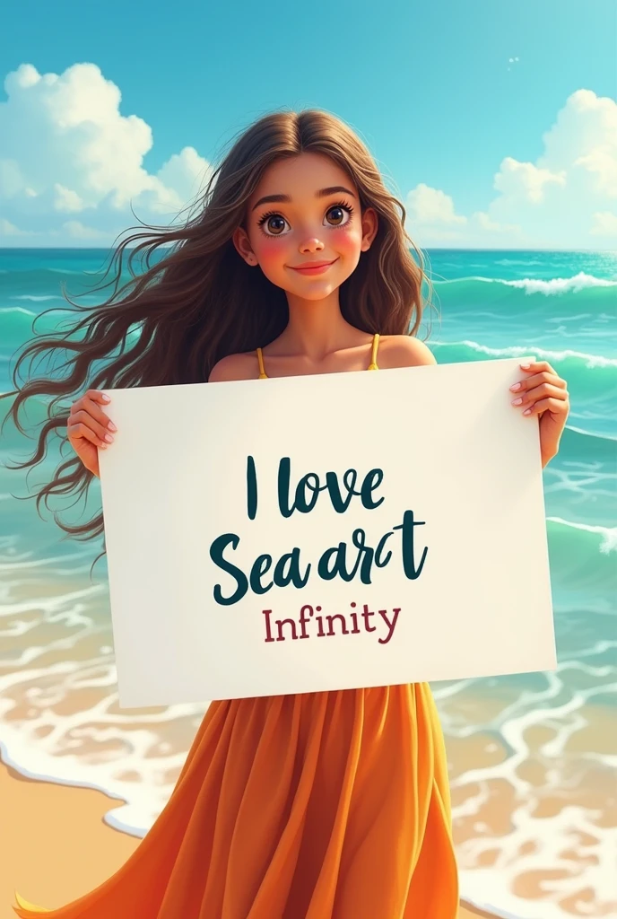 Beautiful girl with wavy long hair, bohemian dress, holding a white board with text "I Love Seaart Infinity" and showing it to the viewer