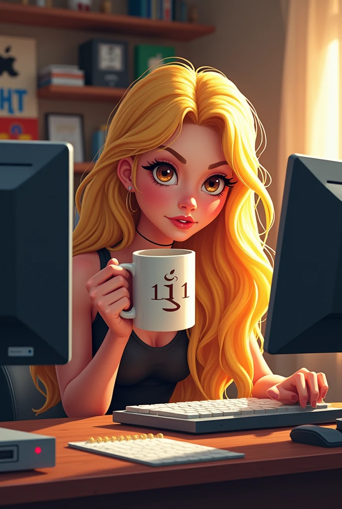 2d character programmer; blonde hair; long hair; brown eyes; woman; loves coffee and apple company (not the fruit).
