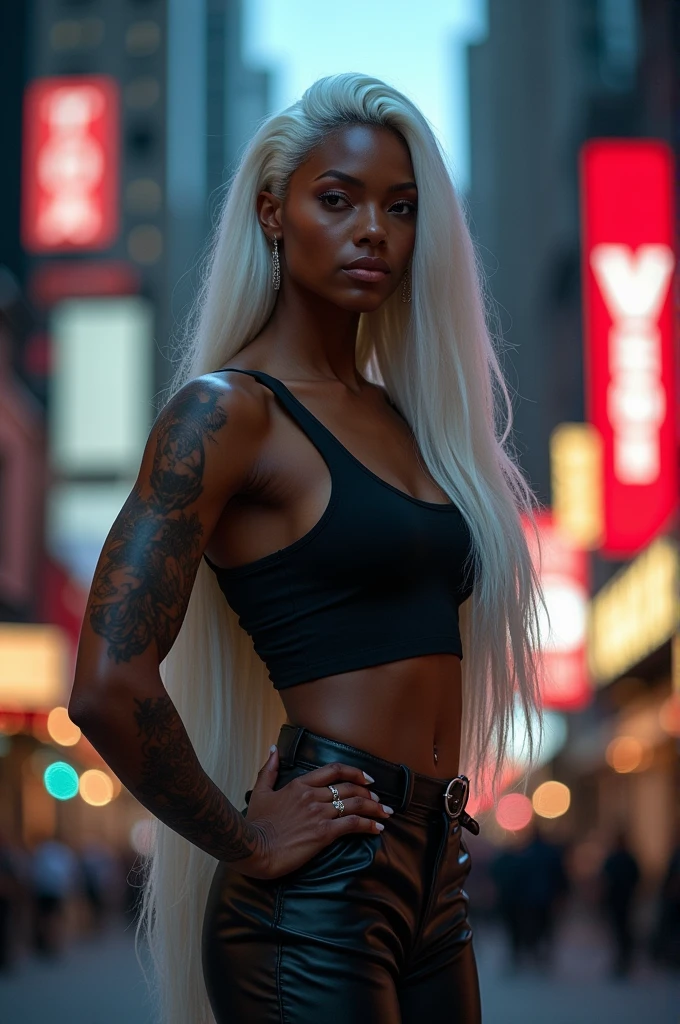 muscular woman, black with white hair, with feminine traits