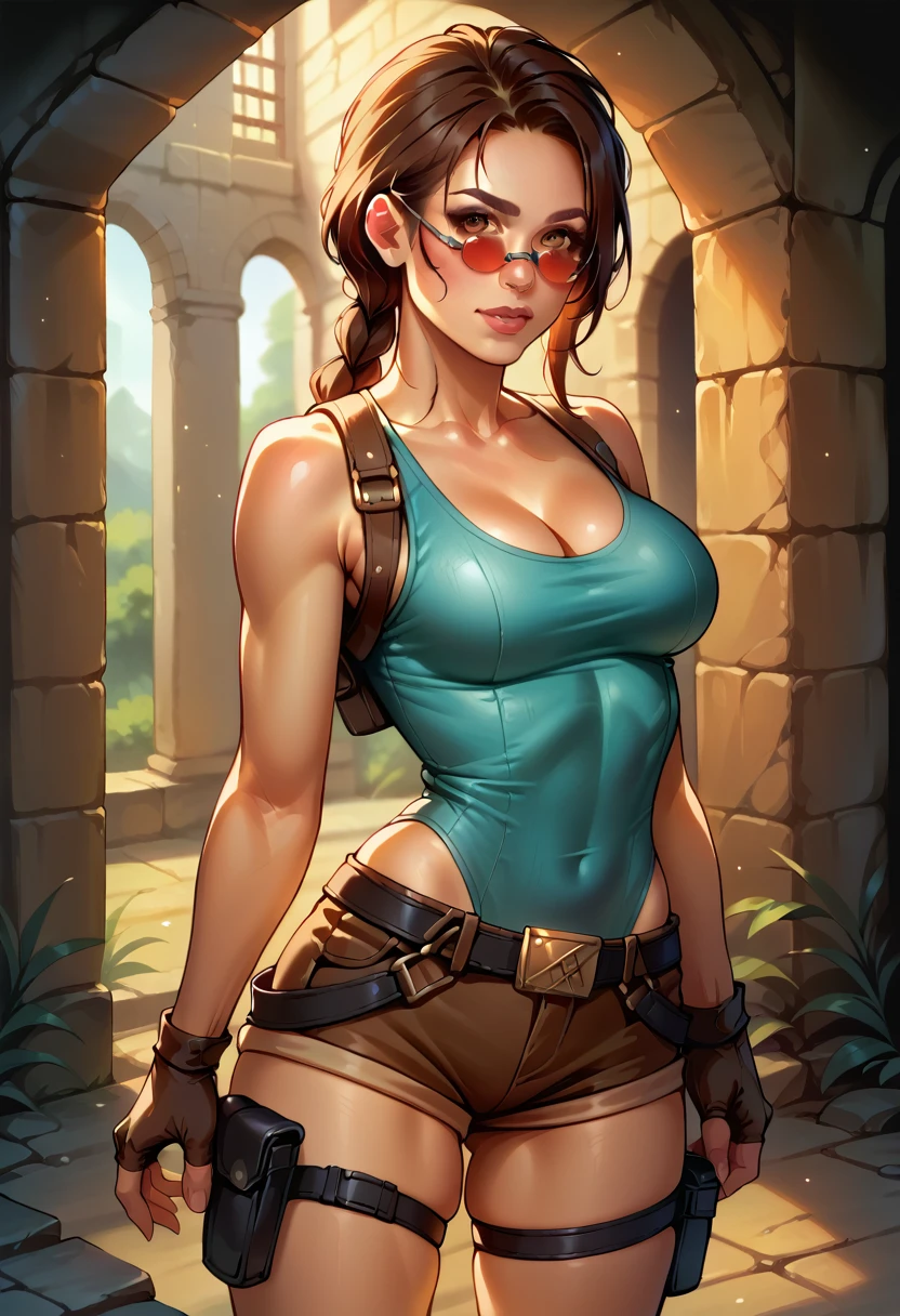 score_9, score_8_up, score_7_up, BREAK, score_9, 1girl, solo, looking at viewer, laracroftxl, fingerless gloves, holster, cleavage, shorts, tinted eyewear, medium breasts, leotard, thigh holster, dungeon, cowboy shot, from behind,