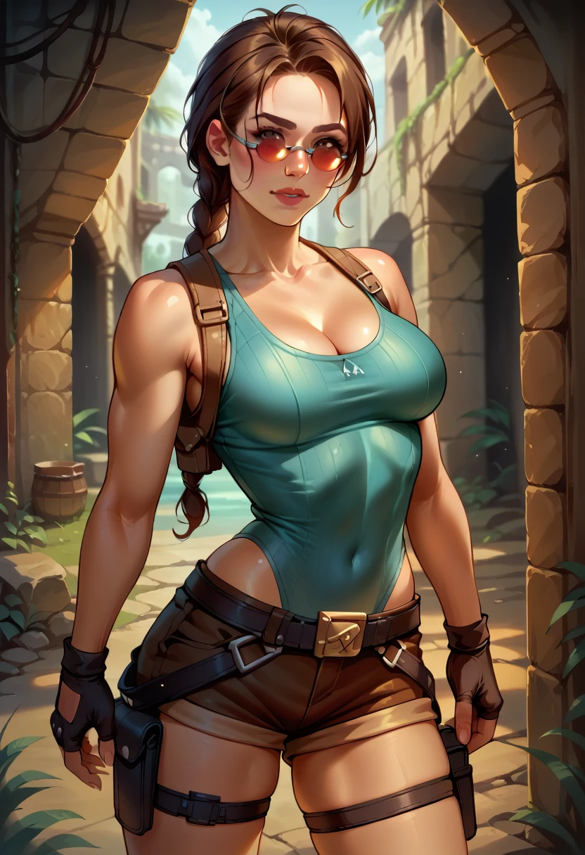 score_9, score_8_up, score_7_up, BREAK, score_9, 1girl, solo, looking at viewer, laracroftxl, fingerless gloves, holster, cleavage, shorts, tinted eyewear, medium breasts, leotard, thigh holster, dungeon, cowboy shot, from behind,