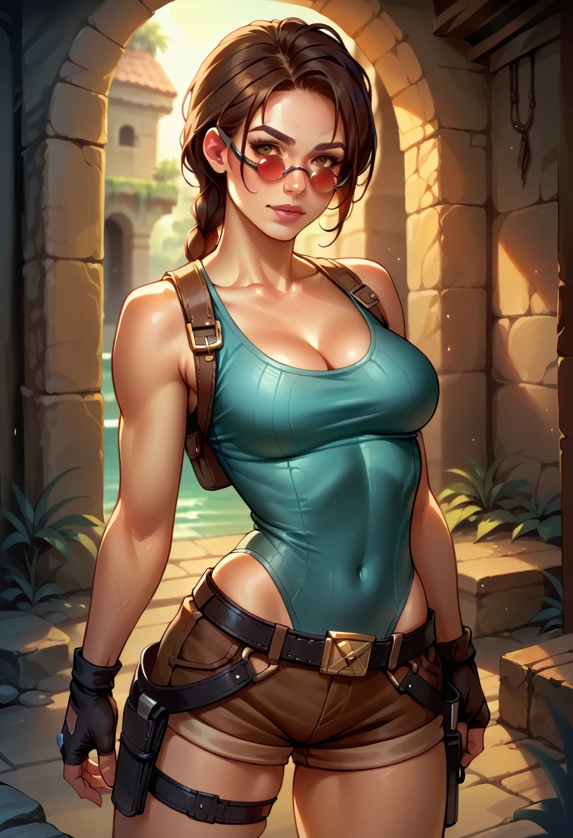 score_9, score_8_up, score_7_up, BREAK, score_9, 1girl, solo, looking at viewer, laracroftxl, fingerless gloves, holster, cleavage, shorts, tinted eyewear, medium breasts, leotard, thigh holster, dungeon, cowboy shot, from behind,