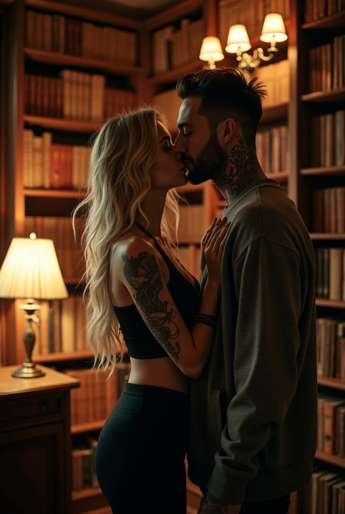 Couple hugging and kissing hidden between the sections of a library, blonde woman with loose hair up, dressed in clothes causes showing the body tattoos. tall strong man, handsome tattooed guy wearing sweatshirt and pants,