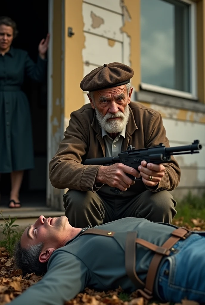 The picture shows the facade of a modest house, with a partially open door. In front of the door, a 74-year-old man, with an expression of despair and pain, holds a gun in his hand. The man, with a brown beret on his head, and a 29-year-old young man, are lying on the ground, near the entrance.
On the left, you can see the blurred figure of a woman, the young man's mother, who is trying to run towards him.