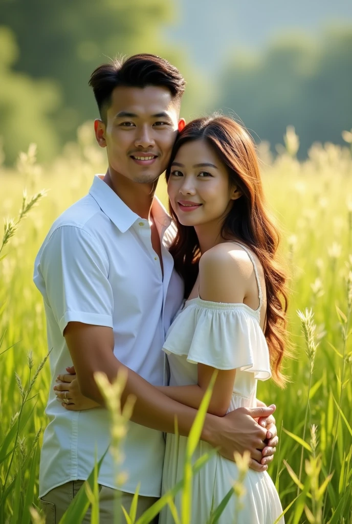 "Asian male with handsome and clean face,hug from behind with a beautiful woman lover,face looking at camera,foto fullbody di taman ilalang yang hijau"