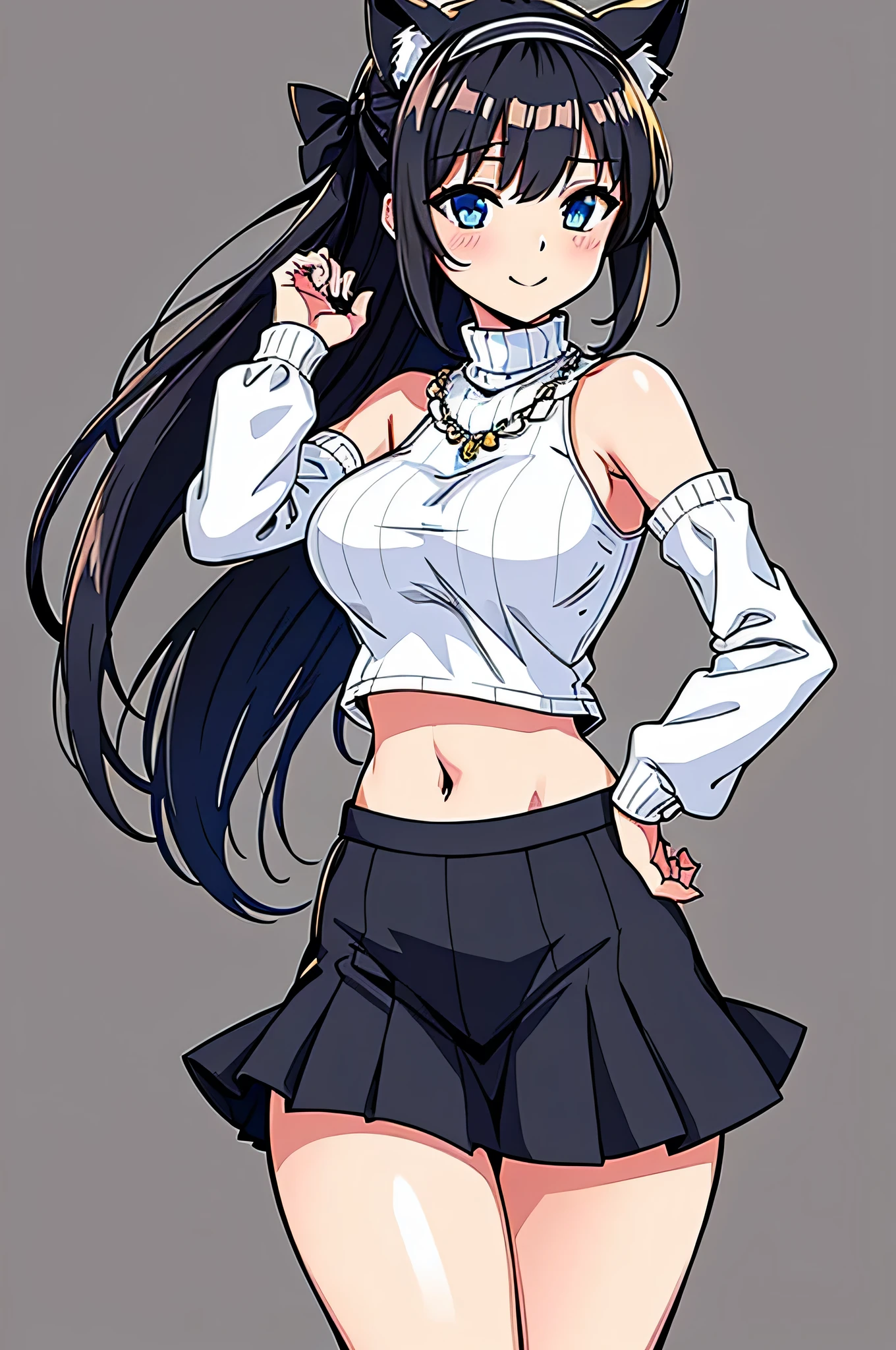 all intricate details, masterpiece, best quality, highres, 1girl, solo, jewelry, skirt, sweater, necklace, black skirt, black hair, short hair, ribbed sweater, socks, turtleneck sweater, turtleneck, white socks, blue eyes, long sleeves, pleated skirt, ribbon, breasts, bow, hair ribbon, hairband, hair bow, bangs, firm breasts, medium breasts, perfect catgirl, cowboy shot, smile, random sexy angle