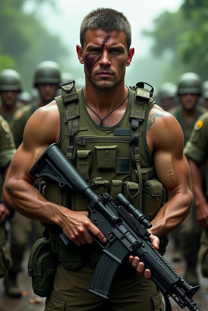 Illustrate a light brown man, all dirty with dust and all cut up, from the Brazilian army commando battalion, with a large, strong and wide physique, He has short hair, with a tired but aggressive look, holding a large machine gun .50 with a big cut on his face. He is fully equipped and wearing the uniform of the Brazilian army and a heavy vest.. In the background leading an entire battalion of Brazilian soldiers