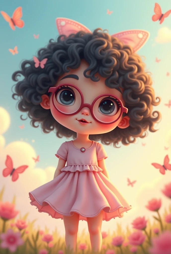 A cute girl with black curly hair, with innocent eyes with a black doll mouth, with a slightly plump but well-defined body, with white and pink skin, teenager who wears glasses 
