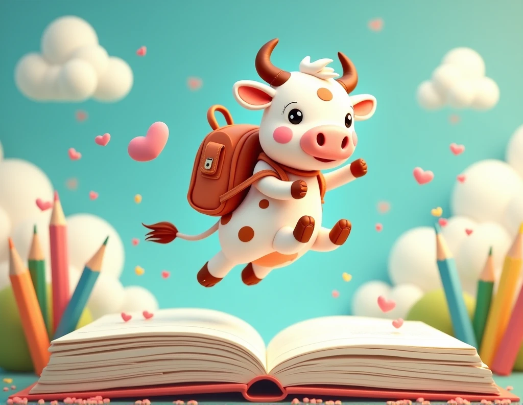 A white cow with its brown spots, mer, with positions linked to a stationery brand, some positions would be with a pencil, in 3d the drawing. cow with small horn and backpack on its back the cow flying on top of a notebook