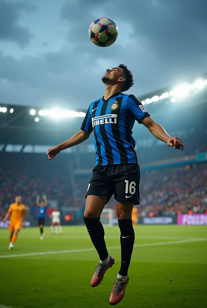 An 18-year-old man wears the Inter Milan jersey named "MAMY" on back, numero 16 sauter pour reussire un coup de tete