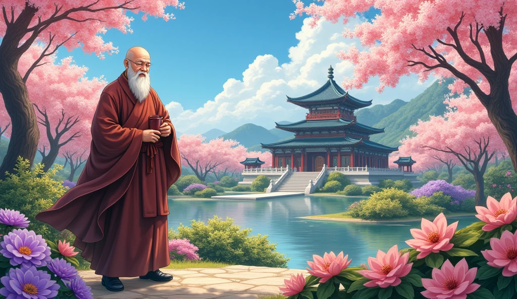 An wisdom full old fat Chinese monk standing at beautiful garden, flowers, surrounded by temples, beautiful scenario, trees, in anime style