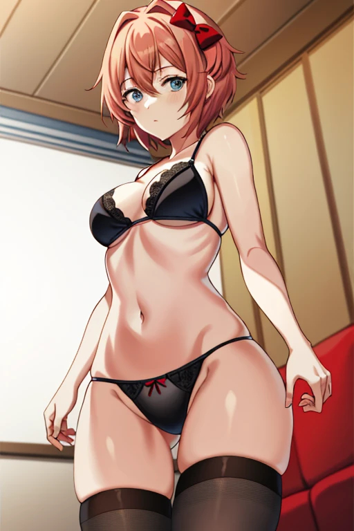 2d, masterpiece, best quality, anime, highly detailed, 1girl, solo, sayori, blue eyes, pink hair, short hair, hair bow, red bow, black stockings, black bra, black panties, cowboy shot, looking at viewer, living room background, FFA
from below
leg up
sole
feet
looking at viewer