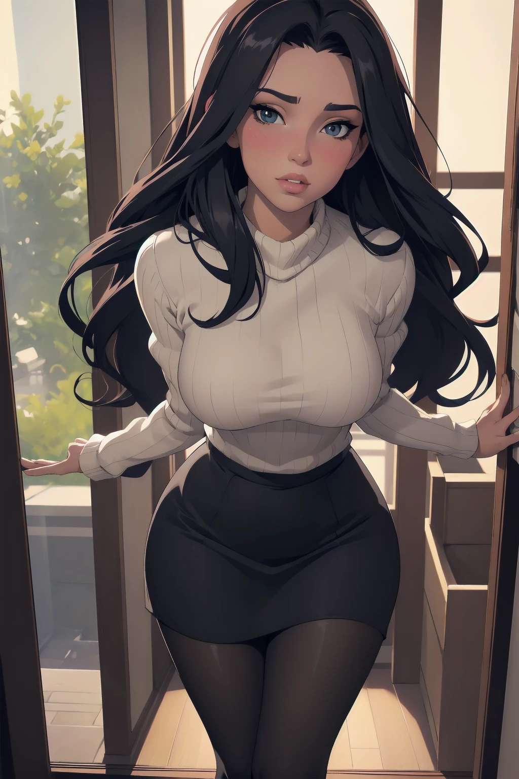 Sexy woman, perfect hair, amazing makeup, seductive gaze, blushing intensely, ready to kiss, long oversized sweater, black tights, standing in a room near open door, window, natural light beaming through window, beautiful face, seductively gazing at us, very seductively provocative, (from behind:0.5), looking over shoulder, looking at viewer short skirt, fat ass, underbutt cheeky, (leaning forwards:1.2), hands on railing, best quality