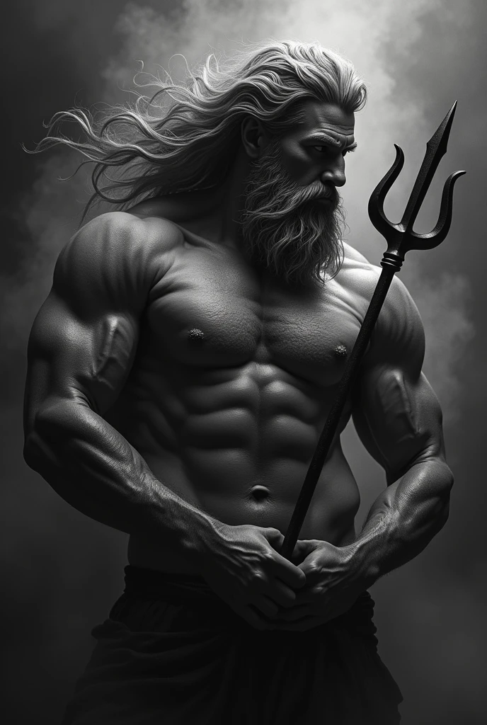 Black and gray hades image, muka, hands and bust and trident for tattoo