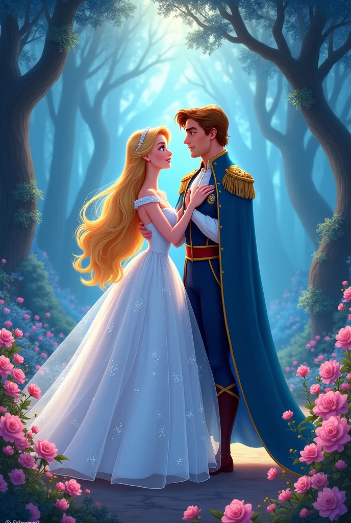 Princess Odette and Prince Derek in 2D Disney animation style