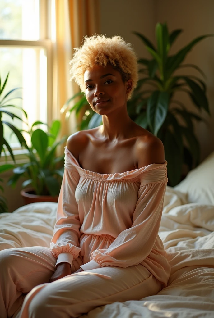 (photorealism:1.2), thick, beautiful lighter skin
Black woman with sharp jawline, sitting on chaise lounge, wearing loose off-shoulder top, pajama pants, short loose curly blonde mullet hair, indoors, soft lighting, plants in background, dewy window with sunlight, cozy room, relaxed pose, realistic, intricate details, warm colors
