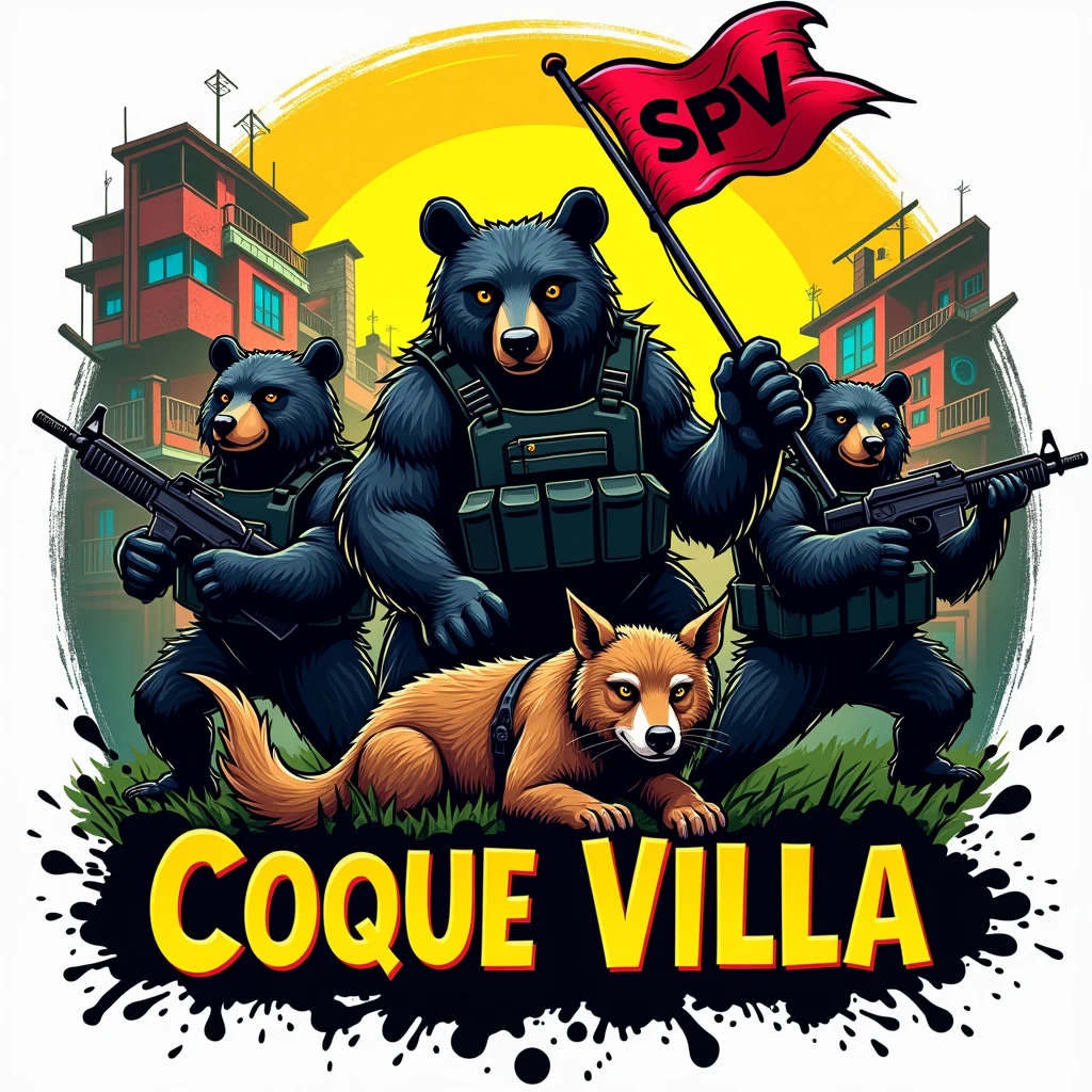 A logo illustration depicting a favela in the background with a red flag saying SPV on it at the top, surrounded by fierce looking bears strong muscular bears stepping on and killing a coyote place the bear's foot stepping on the coyote's neck armed with rifles and bulletproof vests use black bears and put human clothes on them as if they were bandits. The background includes some colors with black and yellow, possibly The text "COQUE VILLA" It is displayed prominently at the bottom of the image, use graffiti fonts in the highlighted text, make it a size that can be used as a profile picture.