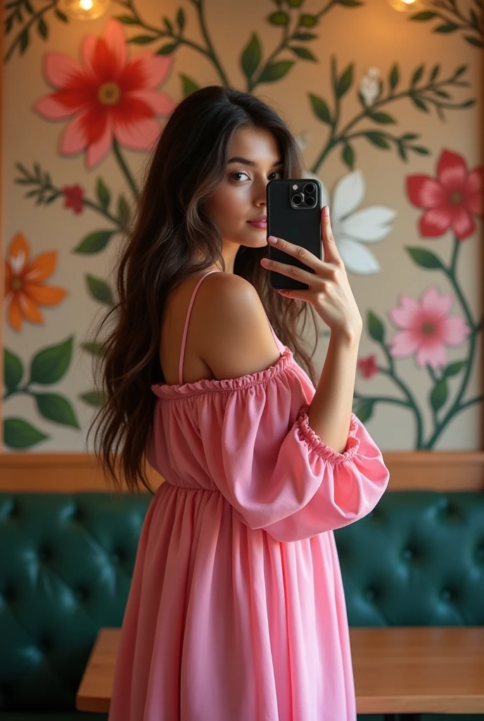 (photorealism:1.2), beautiful 19 years north indian  girl wearing a pink full lenght frok off shoulders , girl holding a i phone in right hand  that cover her face , face covered by smartphone ,messy length hair, phone camera click the picture in mirror , background of flower picture, place is restaurant mirror 