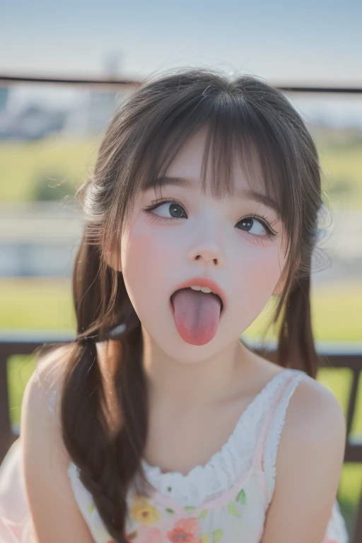 stick out wet pink tongue、Glossy red lip gloss