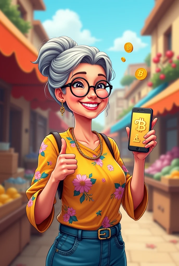 A grandmother with a smartphone, smiling while buying something with Bitcoin in cartoon for a memecoin