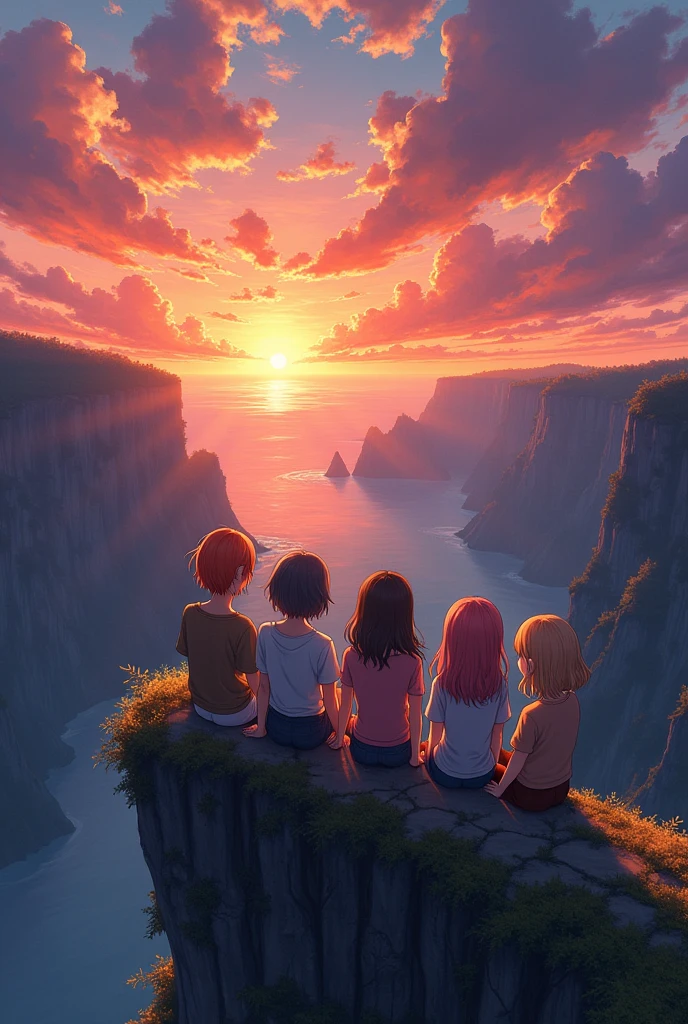 a group of people sitting on a cliff watching the sun set, watching the sun set. anime, beautiful anime scene, studio ghibli sunlight, anime beautiful peace scene, beautiful anime scenery, ( ( makoto shinkai ) ), makoto shinkai cyril rolando, anime. by makoto shinkai, makoto shinkai. —h 2160