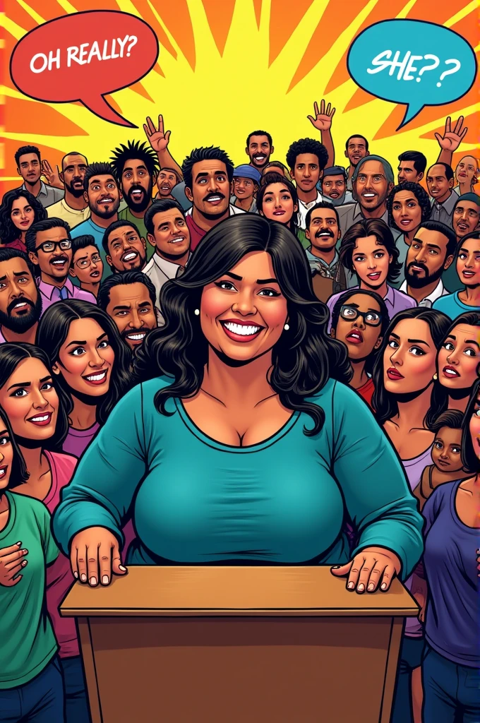 Image of Citlali is a fat fat fat woman.
Cómic-style Graphic: A comic book style drawing showing Citlalli Hernandez being announced on a podium, with a crowd reacting with expressions of confusion or discontent. The text could be something like "Oh really? She?"