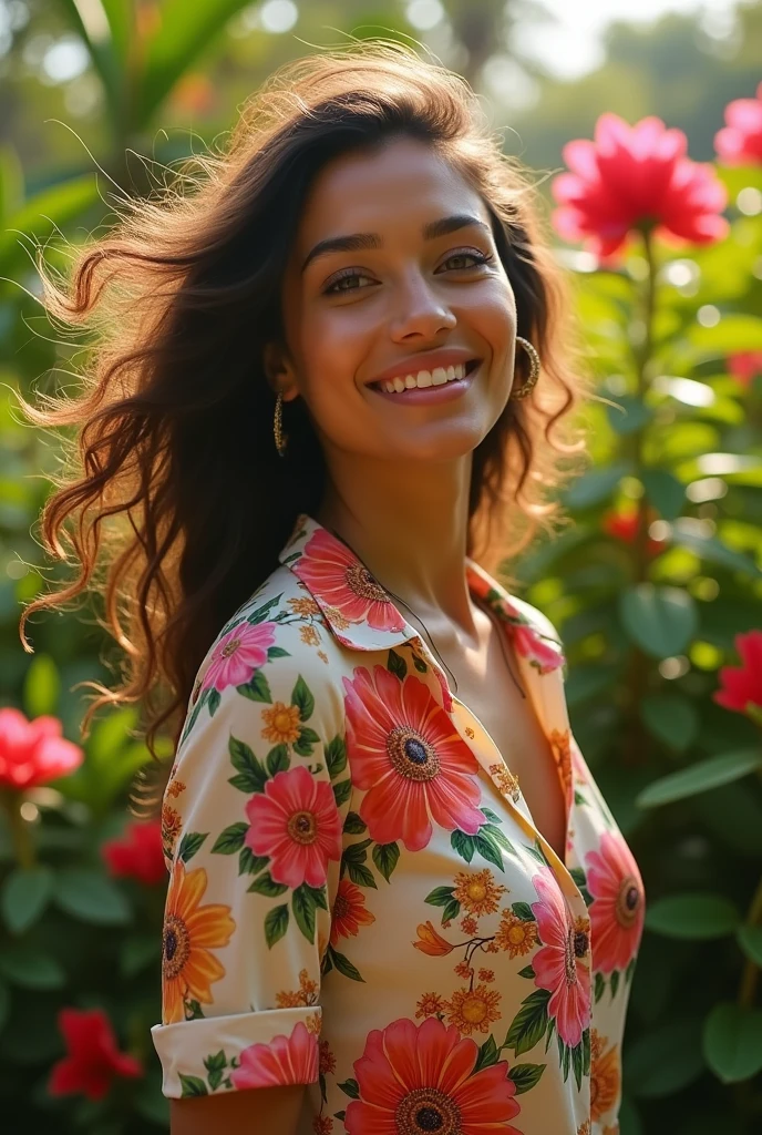 A Brazilian woman in a lush tropical garden, wearing an open shirt with a floral print, with a close-up capturing the harmonious beauty between her breasts and the natural flowers, showing off your natural charm and outgoing personality.