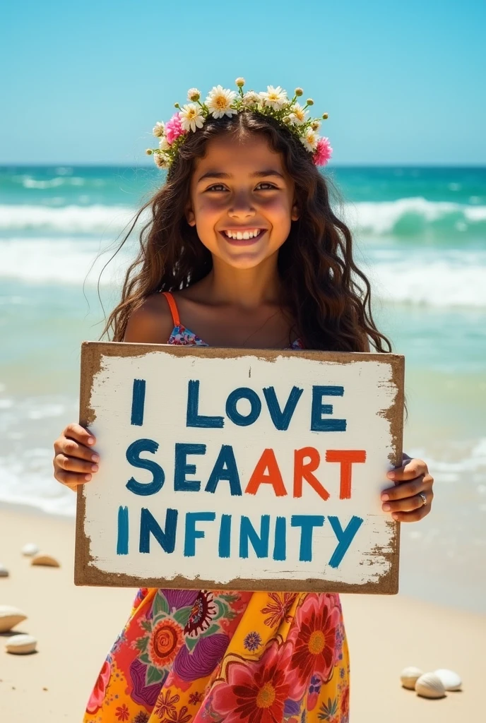 Beautiful girl with wavy long hair, bohemian dress, holding a white board with text "I Love Seaart Infinity" and showing it to the viewer