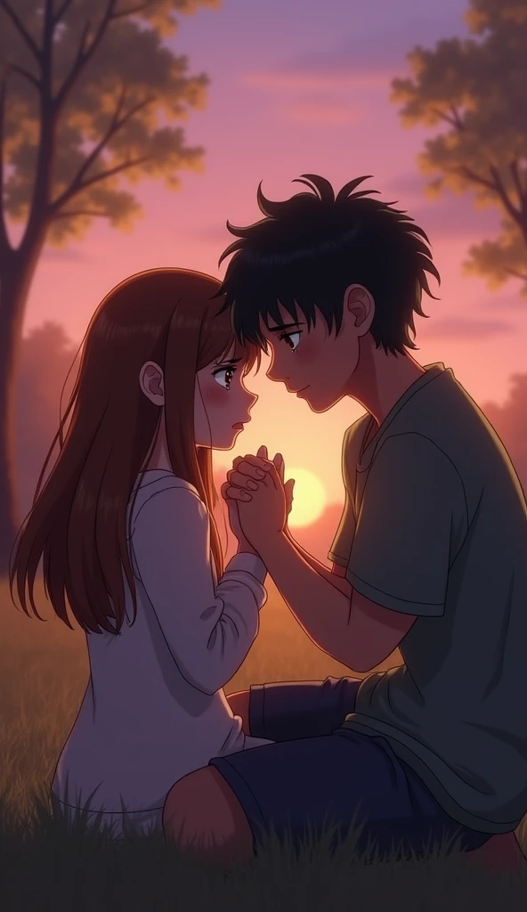 A girl is crying and a boy is wiping his tears