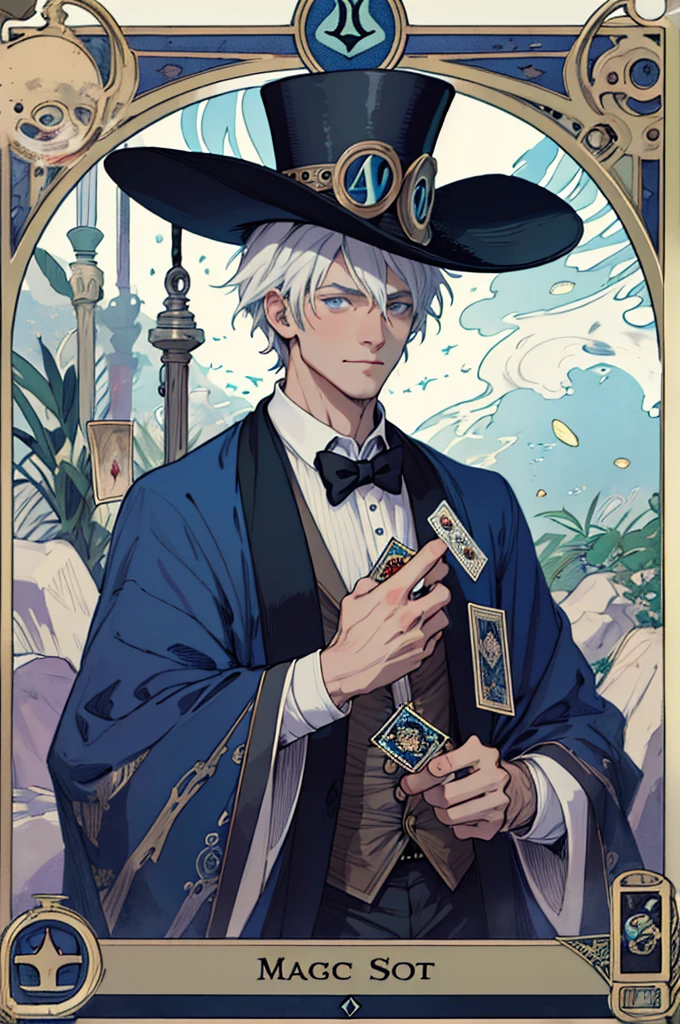 1 Boy,(short white hair:1.1),blue eyes,magician, top hat((Hat decorated with tarot cards)), Victorian robe, (zenDispute, Mandala, Dispute, enDispute:0.6),Chaos in its most beautiful form,Mucha style, conscious mind，Tarot cards, steam punk, tarot card border