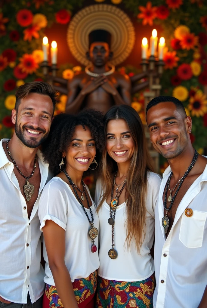 Two men and 2 women in front of an exuberant Umbanda altar of Oxala, wearing a white cotton shirt, with bead necklaces, showing off your natural charm and outgoing personality, surrounded by white candles.
