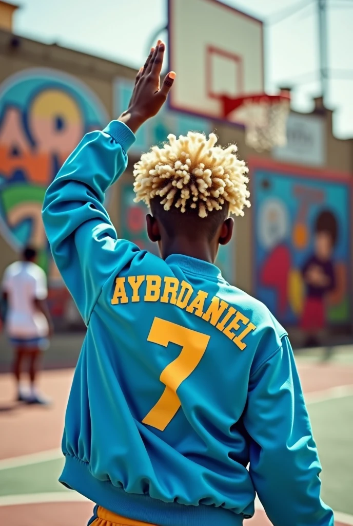 Make a basketball player boy who is disheveled and whose jacket says AYBARDANIEL, whose jacket is number 7 and whose right hand is raised to the sky, whose player has short, light-colored afro hair.