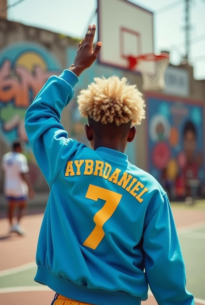 Make a basketball player boy who is disheveled and whose jacket says AYBARDANIEL, whose jacket is number 7 and whose right hand is raised to the sky, whose player has short, light-colored afro hair. 
