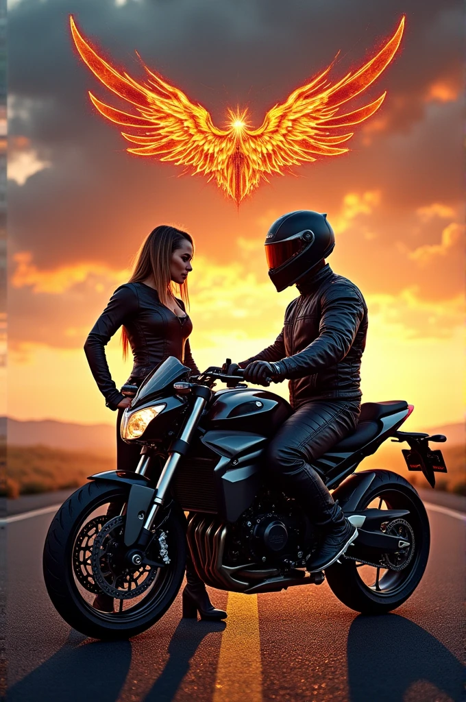 I would like to create a biker on the right side of the image with a carbon fiber helmet and an S1000 motorcycle and on the left side of the image a female biker who has a carbon fiber helmet and a MT 10 brand motorcycle and who has a title that says A IN M ANGEL&#39;S IN MOTOR&#39;S