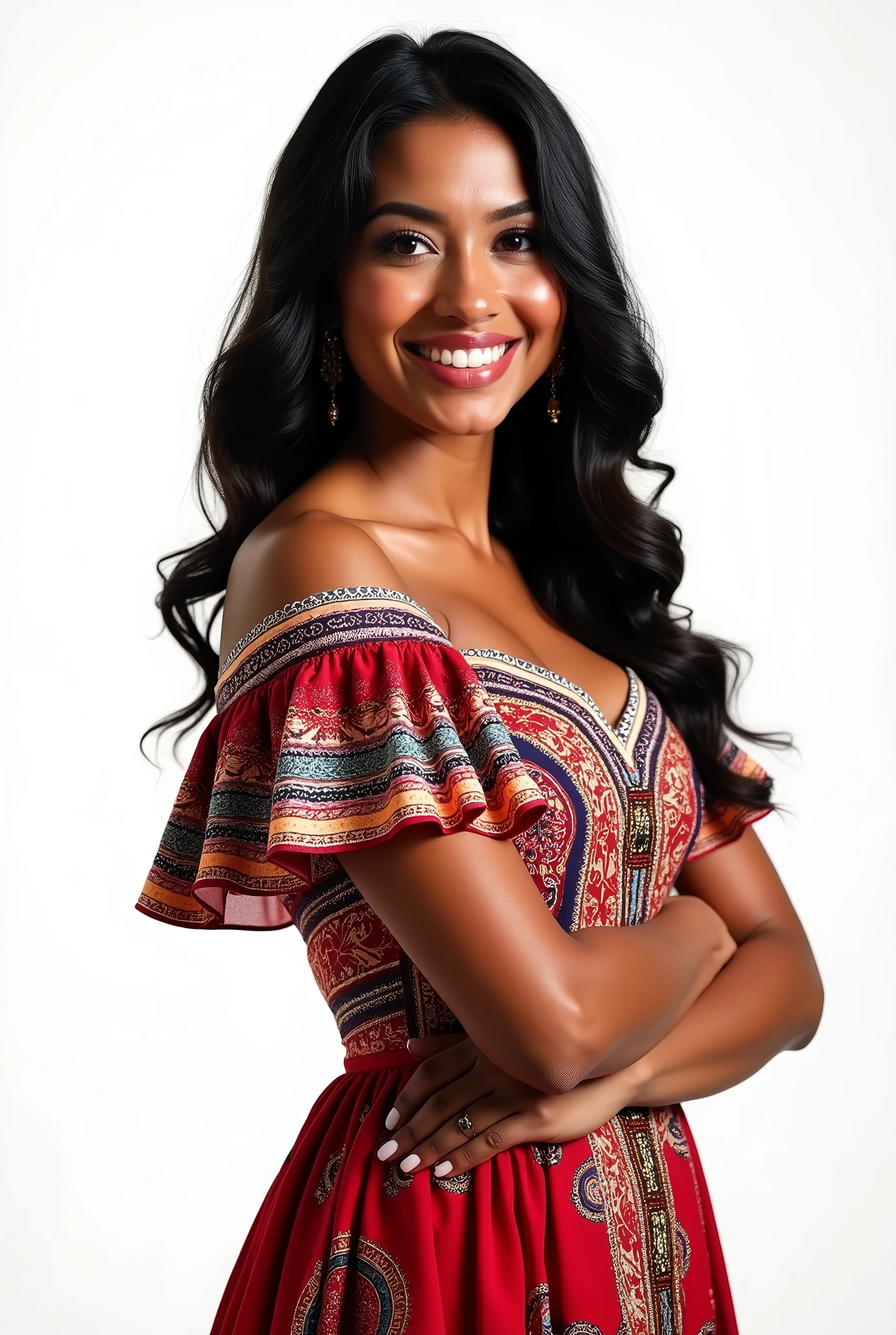 Create a hyper-realistic image of a 30-year-old Mexican woman with wavy hair, dark skin, and dark eyes. She should be smiling and wearing traditional Mexican business attire, specifically a charro dress. The background must be completely white, with no additional details or elements. There should be no scenery or anything else in the background. The only Mexican element in the image should be the woman and her clothing. The image should be 8k super realistic, detailed, and realistic. EasyNegative, (worst quality, low quality:1.4), (((deformed))), distortions in the hands, face, and other parts, more than 1 character, more than 1 backpack, (((deformed))), distortions in the hands, face, and other parts, more than 1 character.