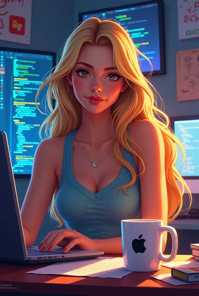 2d character programmer; blonde hair; long hair; brown eyes; woman; loves coffee and apple company (not the fruit).