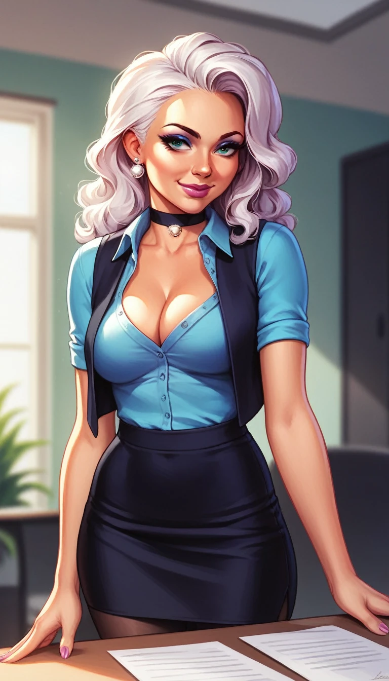 masterpiece, best quality, absurdres, perfect anatomy, a female, solo,smile,closed mouth,wavy hair,glossy face,rouge lips,beautiful office worker female,sky blue blouse,short sleeve blouse,black buttoned vest,choker,black pencil skirt,pantyhose,standing,posture,from front,cowboy shot,in office