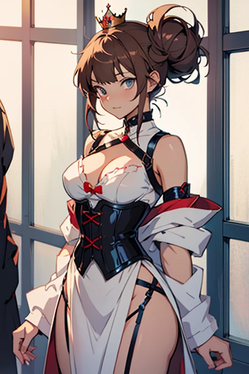 anime girl, princess with a crown on her head, in a prison, in a jail, tied up, expresso brown hair, bangs, bun, blue eyes, cute anime waifu , artwork in the style of guweiz, guweiz, seductive anime girl, female anime character, female protagonist, beautiful anime girl, anime girl, beautiful anime girl, cute anime waifu, artwork in the style of guweiz, seductive anime girl, female anime character, 
wearing a nice white dirty dress, a red corset, big boobs, slim body,  